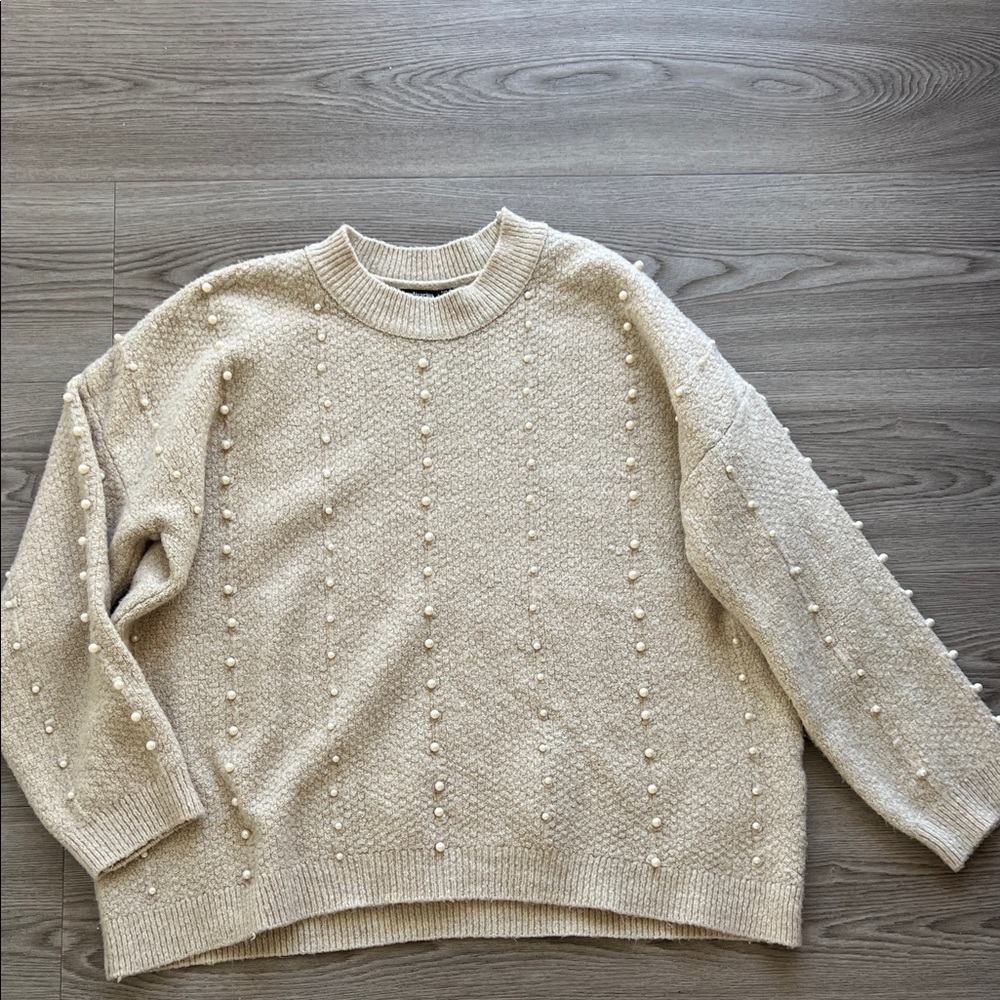 Stradivarius Cream Sweater with Pearl Accents